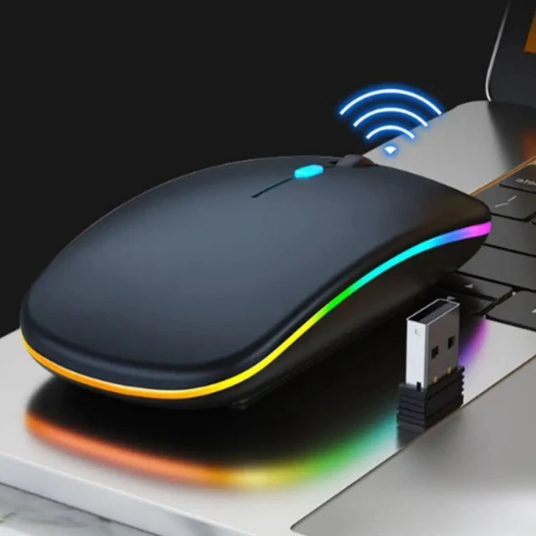 KABLOSUZ BLUETOOTH RGB LED'li SESSİZ MOUSE (FARE), ŞARJ EDİLEBİLİR, ERGONOMİK TASARIM