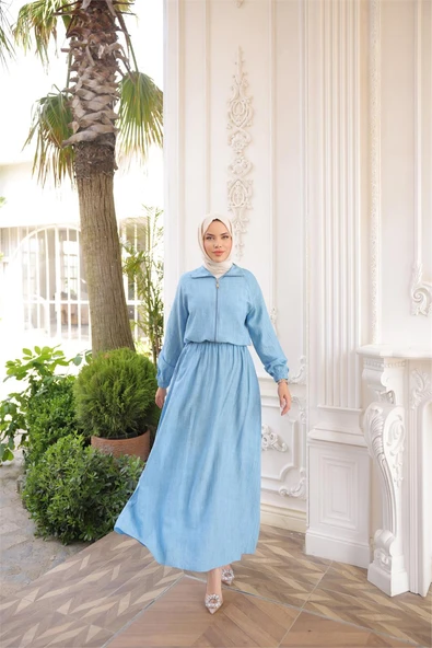 Fermuarlı Gömlek Yaka Kısa Rahat Kap - Cepli Etek Takımı - (38-46) - 71288 - İndigo ürün görseli