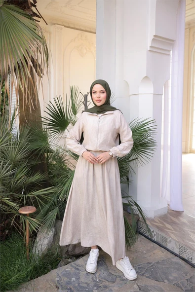 Fermuarlı Gömlek Yaka Kısa Rahat Kap - Cepli Etek Takımı - (38-46) - 71288 - Bej - Resim 3