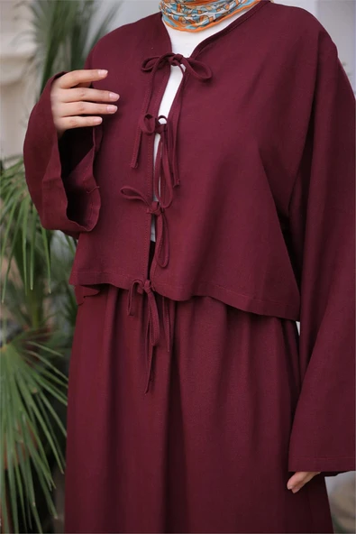 Bağcık Düğmeli Kıs aRahat Kesim Tunik - Cepli Etek Takımı - (38-46) - 71285 - Bordo - Resim 7