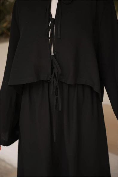 Bağcık Düğmeli Kıs aRahat Kesim Tunik - Cepli Etek Takımı - (38-46) - 71285 - Siyah - Resim 6