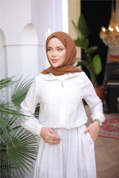 Fermuarlı Gömlek Yaka Kısa Rahat Kap - Cepli Etek Takımı - (38-46) - 71288 - Krem - Resim 4