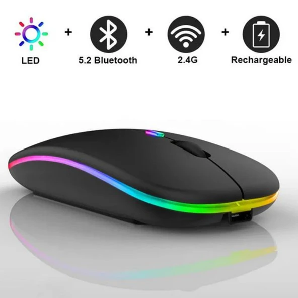 KABLOSUZ BLUETOOTH RGB LED'li SESSİZ MOUSE (FARE), ŞARJ EDİLEBİLİR, ERGONOMİK TASARIM - 2