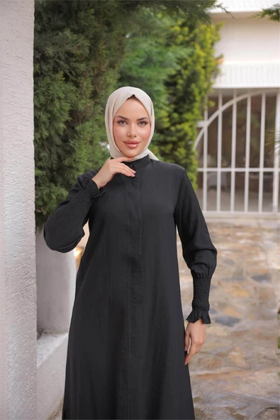 Düğmeli Yırtmaçlı Büzgü Kollu Uzun Tunik İkili Tesettür Eşofman Takımı - (38-46) - 71279 - Siyah - Resim 4