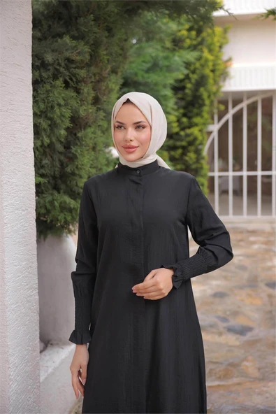 Düğmeli Yırtmaçlı Büzgü Kollu Uzun Tunik İkili Tesettür Eşofman Takımı - (38-46) - 71279 - Siyah - Resim 5