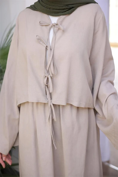 Bağcık Düğmeli Kıs aRahat Kesim Tunik - Cepli Etek Takımı - (38-46) - 71285 - Vizon - Resim 7