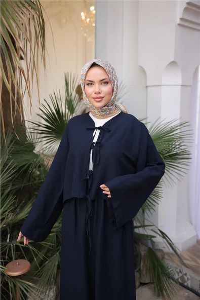 Bağcık Düğmeli Kıs aRahat Kesim Tunik - Cepli Etek Takımı - (38-46) - 71285 - Lacivert - Resim 5