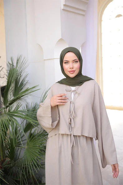 Bağcık Düğmeli Kıs aRahat Kesim Tunik - Cepli Etek Takımı - (38-46) - 71285 - Vizon - Resim 4