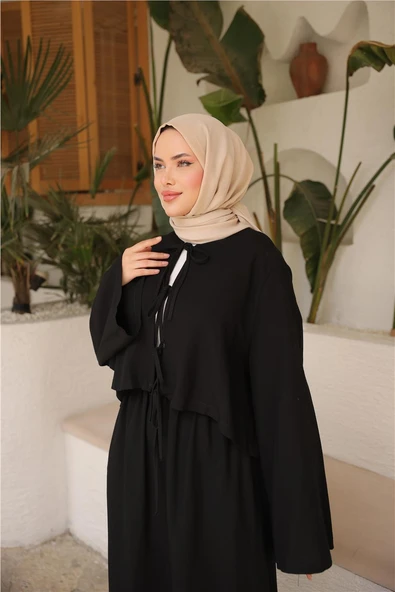 Bağcık Düğmeli Kıs aRahat Kesim Tunik - Cepli Etek Takımı - (38-46) - 71285 - Siyah - Resim 4