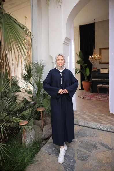 Bağcık Düğmeli Kıs aRahat Kesim Tunik - Cepli Etek Takımı - (38-46) - 71285 - Lacivert - Resim 2