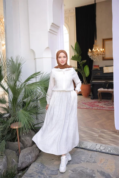 Fermuarlı Gömlek Yaka Kısa Rahat Kap - Cepli Etek Takımı - (38-46) - 71288 - Krem ürün görseli