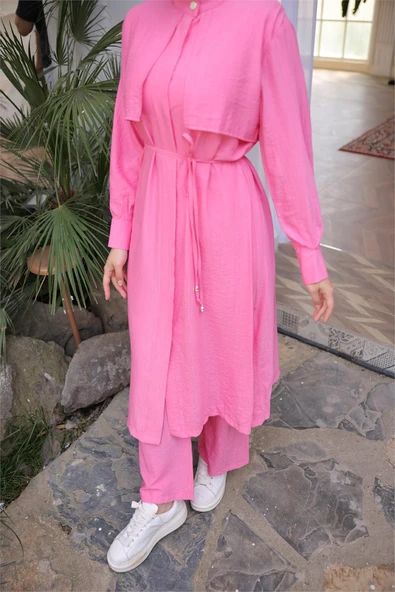 Belden Bağcıklı Kısa Yelek Detaylı Elbise  İkili Tesettür Eşofman Takımı - (38-46) - 71284 - Fuşya - 7