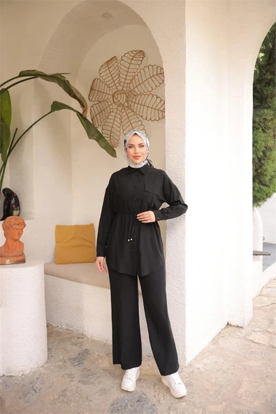 Belden Bağcıklı Tek Cepli Gömlek İkili Tesettür Eşofman Takımı - (38-46) - 71283 - Siyah ürün görseli