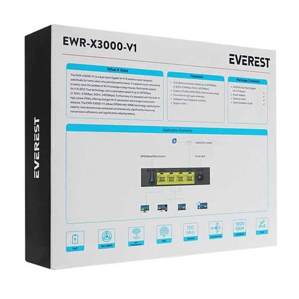 Everest EWR-X3000MBPS-V1 X3000Mbps Dualband 5*6dBi 1 Wan Port + 3 Lan Port Wi-Fi 6 Wisp+Ap+Repeater Destekli Kablosuz Wifi Router - 9
