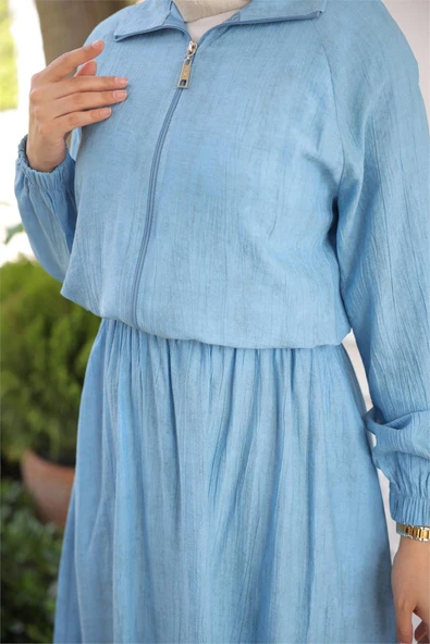 Fermuarlı Gömlek Yaka Kısa Rahat Kap - Cepli Etek Takımı - (38-46) - 71288 - İndigo - Resim 5