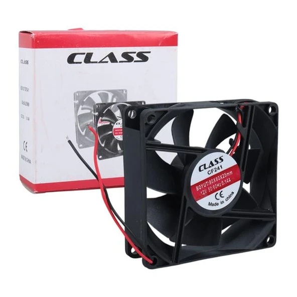 Class CF-241 DC12V 80x80x25mm Aksiyel Fan - 20cm Siyah-Kırmızı Güç Kablolu - 4