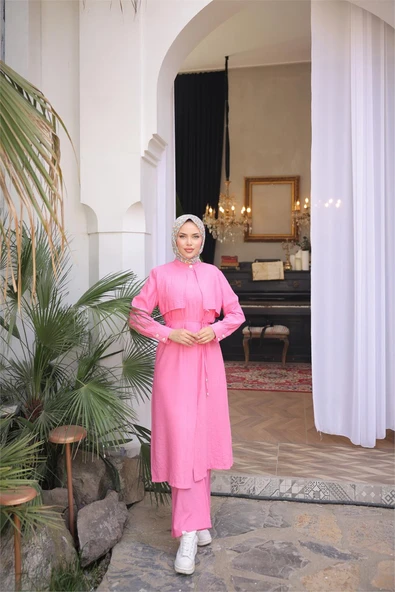 Belden Bağcıklı Kısa Yelek Detaylı Elbise  İkili Tesettür Eşofman Takımı - (38-46) - 71284 - Fuşya - 2