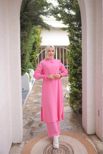 Düğmeli Yırtmaçlı Büzgü Kollu Uzun Tunik İkili Tesettür Eşofman Takımı - (38-46) - 71279 - Fuşya - Resim 2