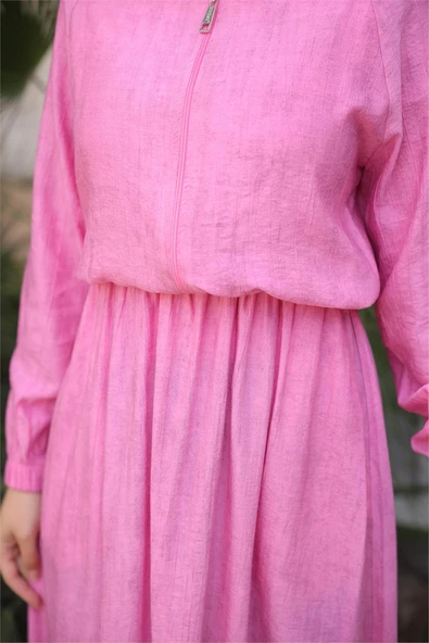 Fermuarlı Gömlek Yaka Kısa Rahat Kap - Cepli Etek Takımı - (38-46) - 71288 - Fuşya - Resim 6