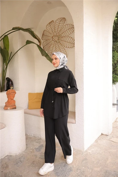 Belden Bağcıklı Tek Cepli Gömlek İkili Tesettür Eşofman Takımı - (38-46) - 71283 - Siyah - Resim 5