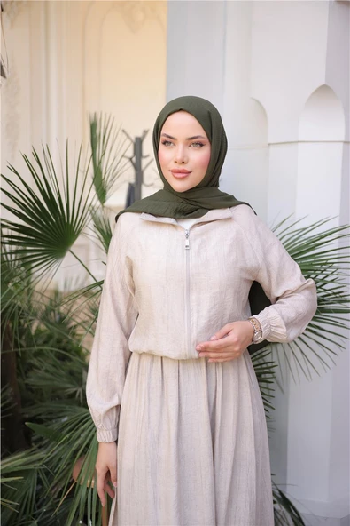 Fermuarlı Gömlek Yaka Kısa Rahat Kap - Cepli Etek Takımı - (38-46) - 71288 - Bej - Resim 4