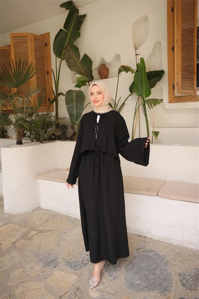 Bağcık Düğmeli Kıs aRahat Kesim Tunik - Cepli Etek Takımı - (38-46) - 71285 - Siyah - Resim 2
