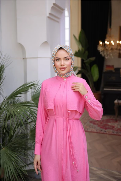 Belden Bağcıklı Kısa Yelek Detaylı Elbise  İkili Tesettür Eşofman Takımı - (38-46) - 71284 - Fuşya - 5