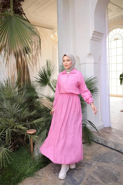 Fermuarlı Gömlek Yaka Kısa Rahat Kap - Cepli Etek Takımı - (38-46) - 71288 - Fuşya - Resim 2