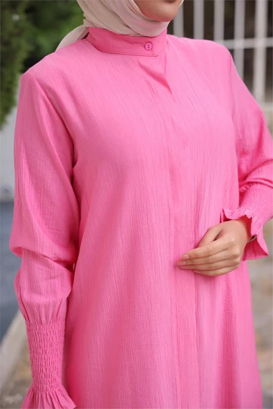 Düğmeli Yırtmaçlı Büzgü Kollu Uzun Tunik İkili Tesettür Eşofman Takımı - (38-46) - 71279 - Fuşya - Resim 6
