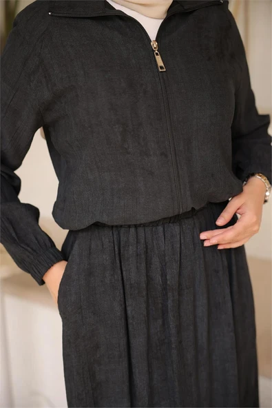 Fermuarlı Gömlek Yaka Kısa Rahat Kap - Cepli Etek Takımı - (38-46) - 71288 - Siyah - Resim 6