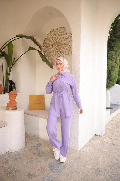 Belden Bağcıklı Tek Cepli Gömlek İkili Tesettür Eşofman Takımı - (38-46) - 71283 - Lila - Resim 5