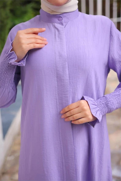 Düğmeli Yırtmaçlı Büzgü Kollu Uzun Tunik İkili Tesettür Eşofman Takımı - (38-46) - 71279 - Lila - Resim 2