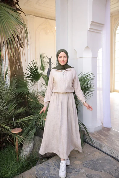 Fermuarlı Gömlek Yaka Kısa Rahat Kap - Cepli Etek Takımı - (38-46) - 71288 - Bej ürün görseli