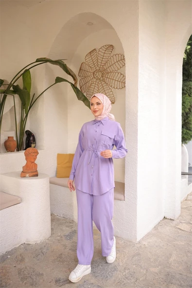 Belden Bağcıklı Tek Cepli Gömlek İkili Tesettür Eşofman Takımı - (38-46) - 71283 - Lila ürün görseli