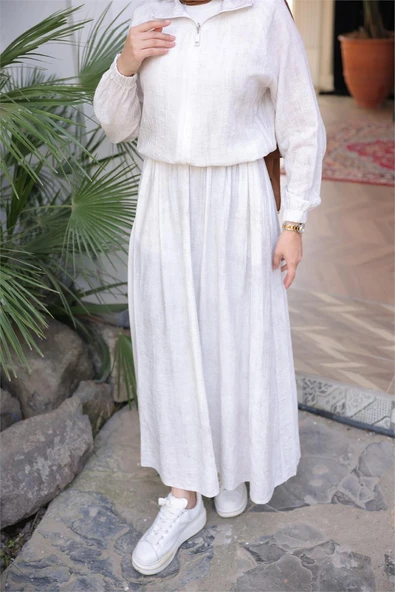 Fermuarlı Gömlek Yaka Kısa Rahat Kap - Cepli Etek Takımı - (38-46) - 71288 - Krem - Resim 7