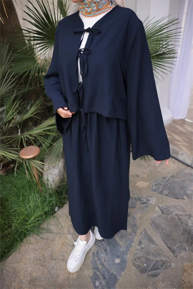 Bağcık Düğmeli Kıs aRahat Kesim Tunik - Cepli Etek Takımı - (38-46) - 71285 - Lacivert - Resim 7