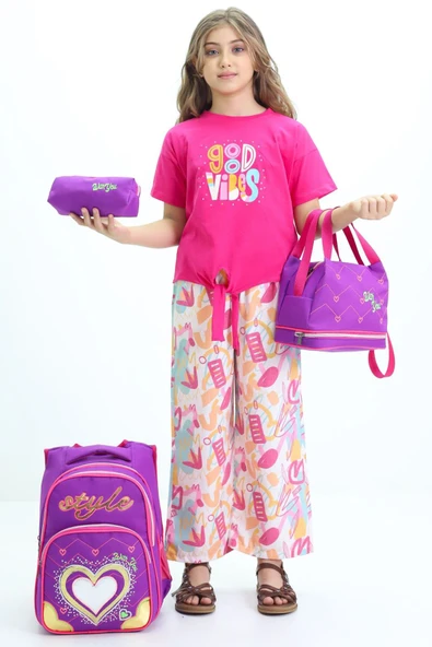 Lugmo 3 Lü Ortaokul Çanta Seti İlkokul Çantası Komple Astarlı Kalp Mor - 4