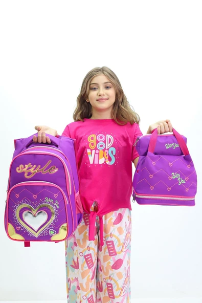 Lugmo 3 Lü Ortaokul Çanta Seti İlkokul Çantası Komple Astarlı Kalp Mor - 6