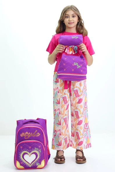 Lugmo 3 Lü Ortaokul Çanta Seti İlkokul Çantası Komple Astarlı Kalp Mor - 5