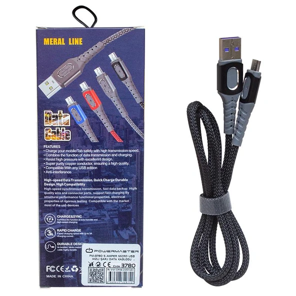 Powermaster PM-3780 Örgülü 5 Amper Micro Usb Hızlı Şarj Data Kablosu - 2