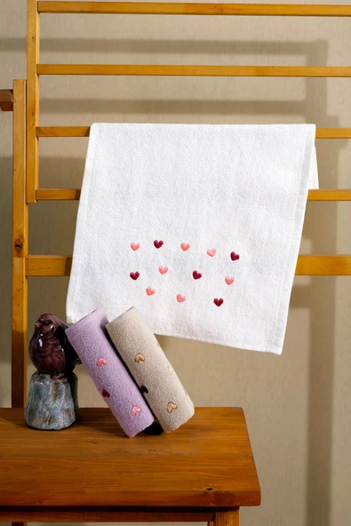BAMİROSE 50x90 CM 3'LÜ KALP NAKIŞLI EL & YÜZ ÇEYİZLİK HEDİYELİK HAVLU SETİ - 2
