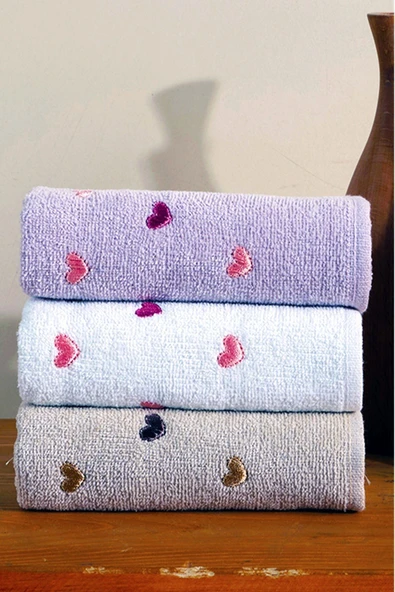 BAMİROSE 50x90 CM 3'LÜ KALP NAKIŞLI EL & YÜZ ÇEYİZLİK HEDİYELİK HAVLU SETİ - 1