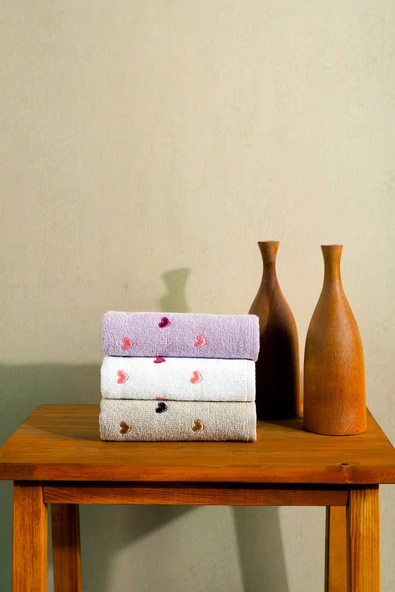 BAMİROSE 50x90 CM 3'LÜ KALP NAKIŞLI EL & YÜZ ÇEYİZLİK HEDİYELİK HAVLU SETİ - 3