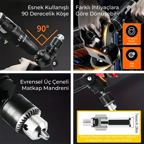 Powermaster PM-26256 Mandrenli 90 Derece Açılı Universal Matkap Başlık Seti Adaptörü - 3