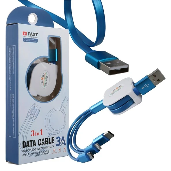 Powermaster PM-26347 3 IN 1 Mavi Şarj Kablosu