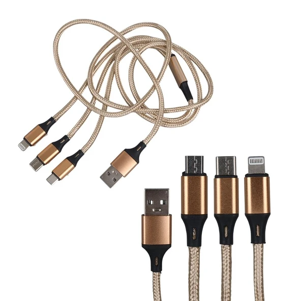 Powermaster PM-2368 Micro USB - Type-C - Lightning Şarj Ve Data Kablosu 2.1 Amper 110Cm Örgülü
