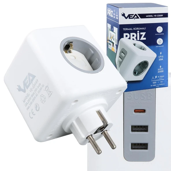 VEA VE-23089 2X USB 1X Type-C 3'Lü Çocuk Ve Termal Korumalı Grup Priz