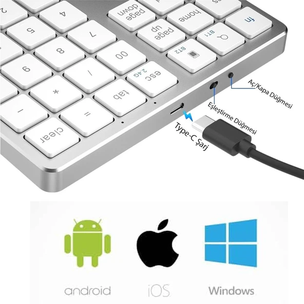 Powermaster PM-26596 Mini Gümüş Bluetooth 5.2 Kablosuz 35 Tuş Klavye Genişletme Sayı Bloğu - 3