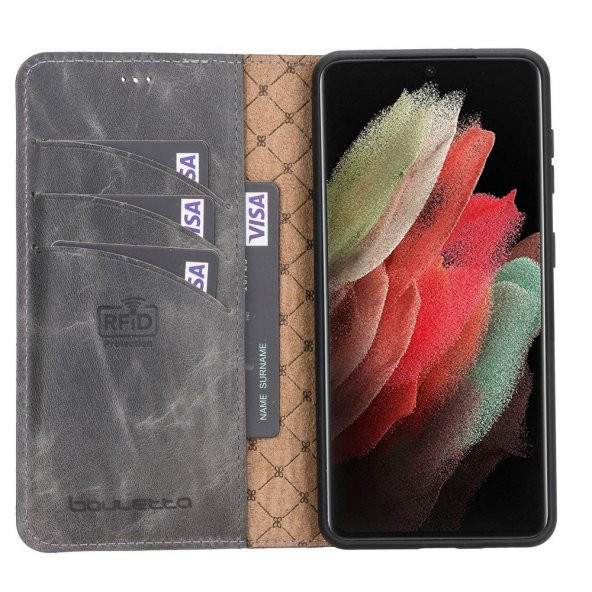 Bouletta Samsung Galaxy S21 Uyumlu Deri Cüzdanlı Kılıf TN18E Gri