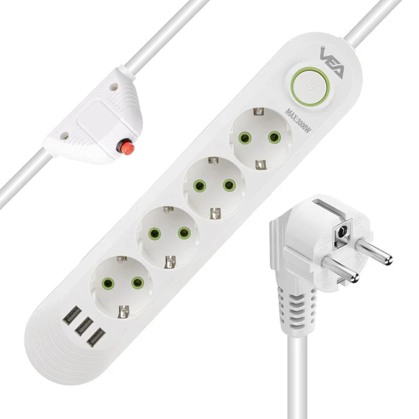 Vea VA-21560 4'Lü 3 USB'li 1.5 Metre Akım Korumalı Priz Beyaz
